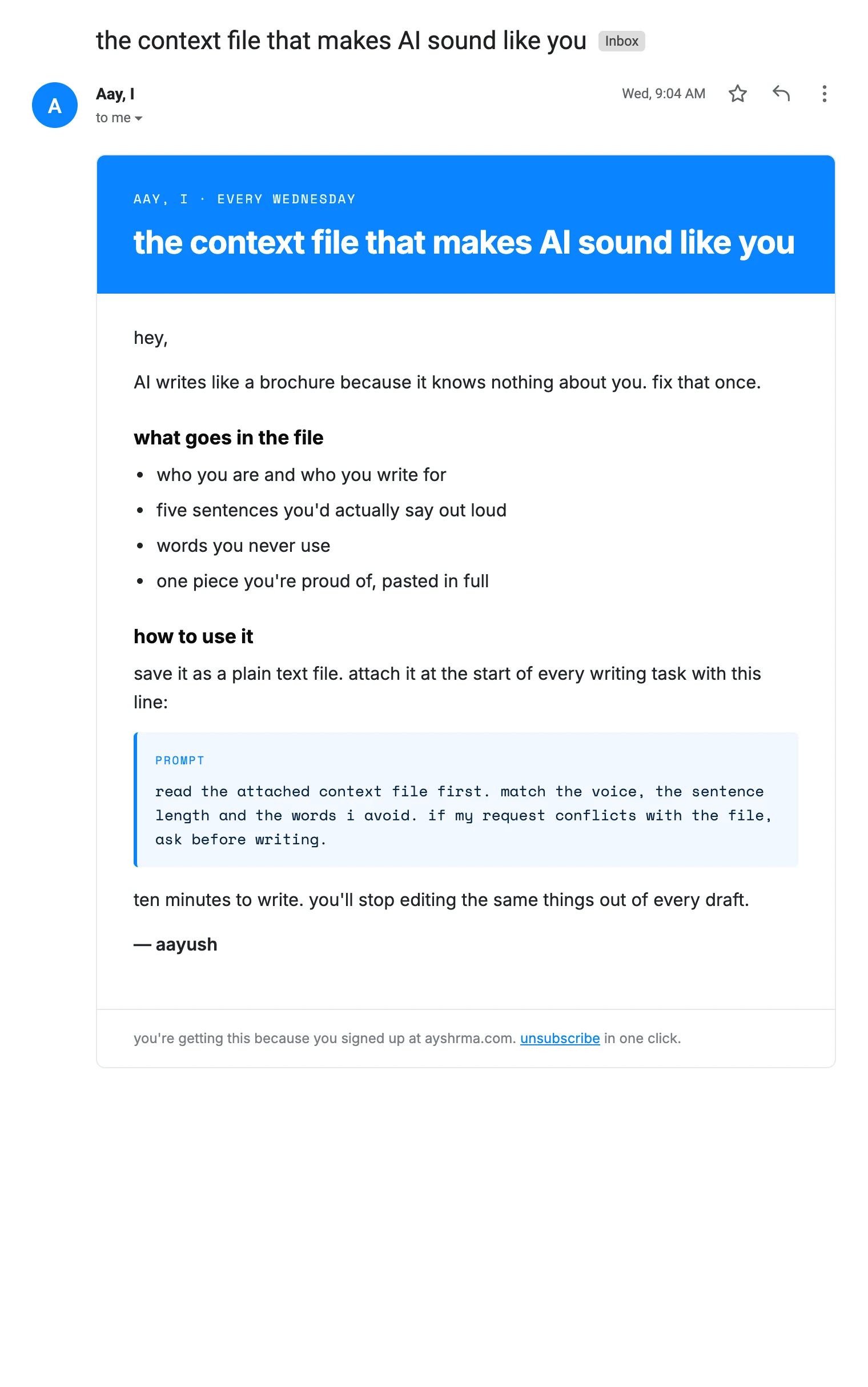 Newsletter issue: the context file that makes AI sound like you