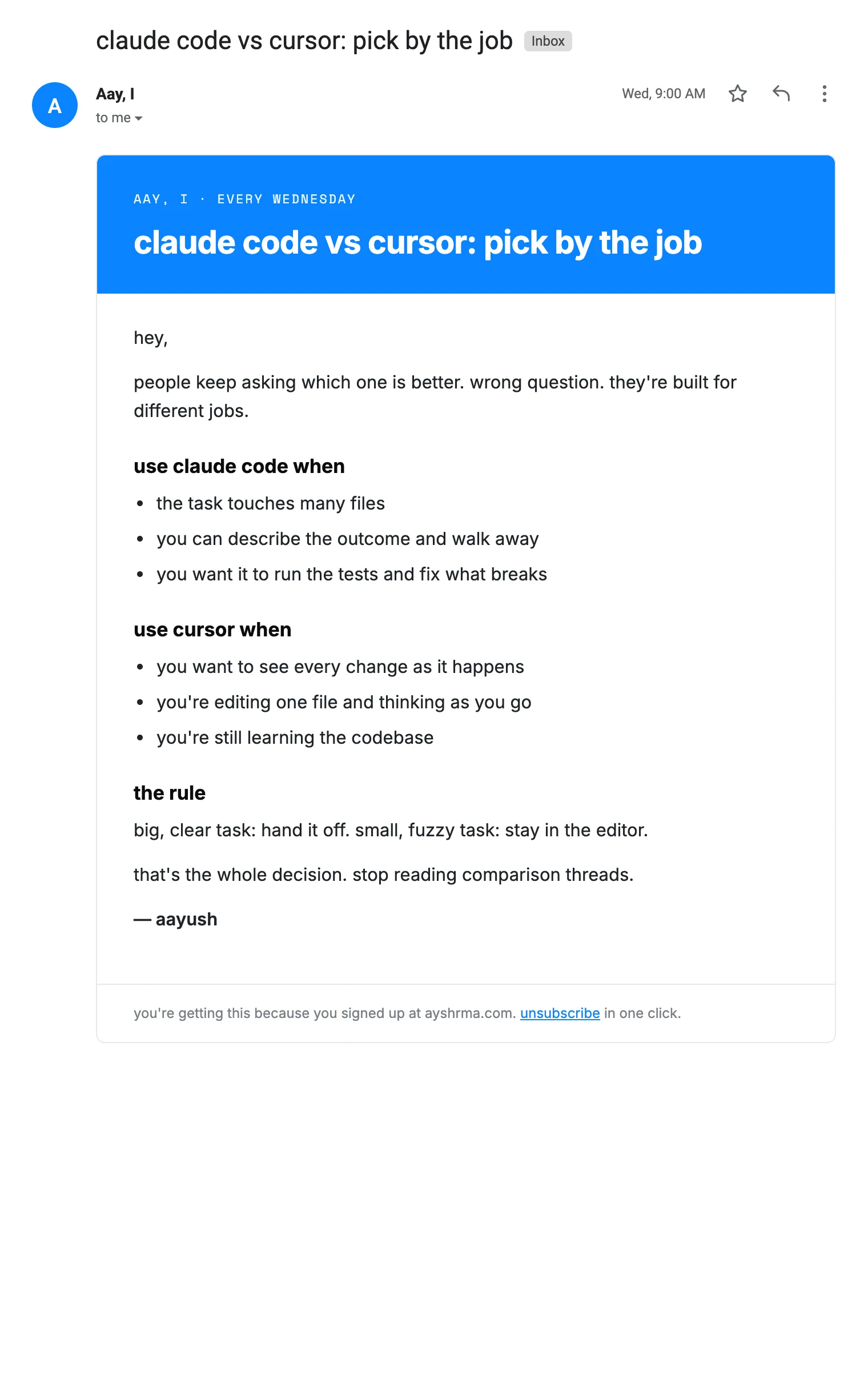 Newsletter issue: claude code vs cursor: pick by the job